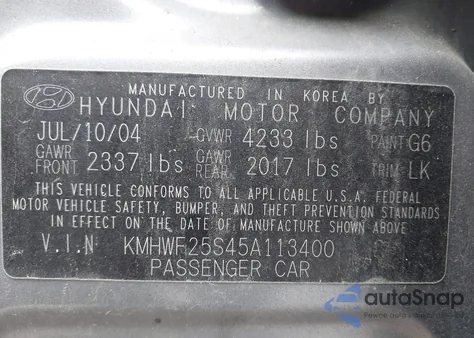 2005 Hyundai Sonata Gl z USA, uszkodzony, nr VIN KMHWF25S45A113400